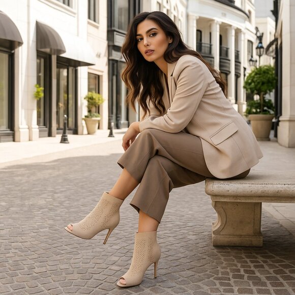 Charles David Rebellious Stretch Knit Peep Toe Sock Boots Beige Nude 4" Heel 8.5 - Picture 1 of 9